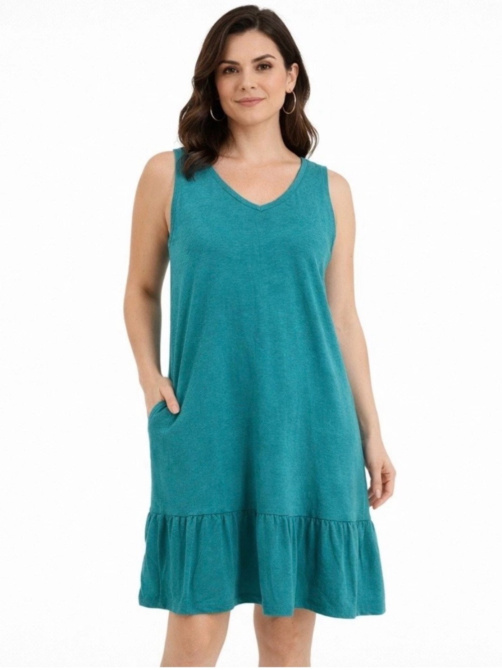 J. Jill Women’s Teal Double V-Neck Flounce Ruffle Hem Jersey Knit Dress Sz M